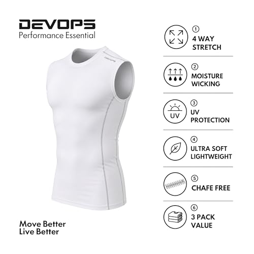 Image of DEVOPS 3 Pack Men's Athletic Compression Shirts Sleeveless | Gym Training, Running, Moisture Wicking, Compression Fit, 4-Way Stretch, UPF 50+, Sleeveless