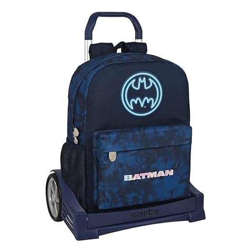 Safta BATMAN LEGENDARY - Mochila, Espalda Ergonómica, con Carro Evolution, Ideal para Niños de Diferentes Edades, Cómoda y Versátil, Calidad y Resistencia, 32x14x43 cm, Color Azul Marino