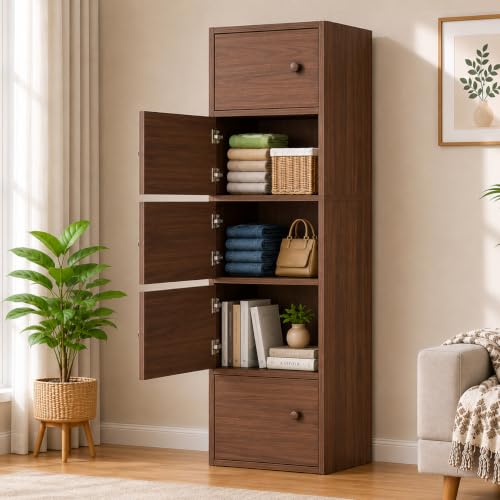 Image of 5-Door Morden Wooden Collapsible Wardrobe for Storage /Space Saving Wooden Wardrobe with Doors /Collpsible Storage Organiser /Living Room - (Walnut, 5 Layer)