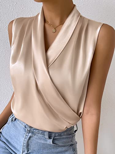 Wdirara Women's Wrap V Neck Sleeveless Satin Blouse Elegant Tank Top Shirt Champagne M #TOP3