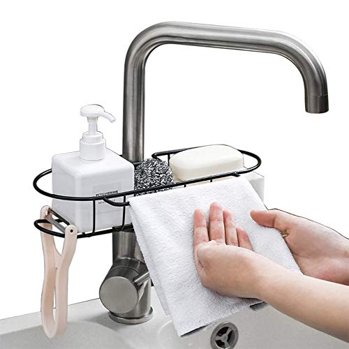 Baffect Porte-éponge de cuisine en métal organisateur de lavabo Range-panier, porte-éponge pour vaisselle, support de rangement pour robinet de cuisine pour égouttoir de liquide de cuisine (noir)