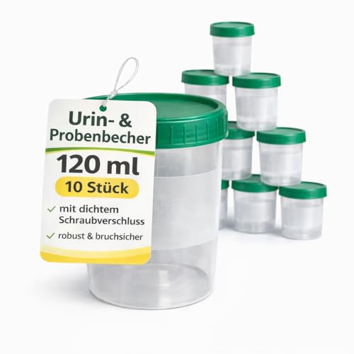 BUXMED 10 Stück Urinsammelbehälter mit grünem Schraubdeckel 120 ml, Polypropylen, Urinbecher, Plastikbecher mit Deckel, Urin Probenbehälter, Probenbecher, Urin Becher, für medizinische Zwecke