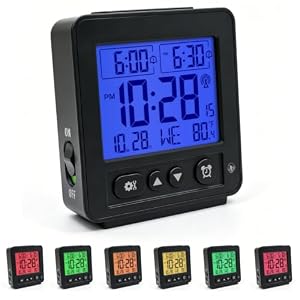 Atomic Clock with Backlight, Small Digital Clock Battery Operated with LCD Display, 2 Alarm Settings, Temperature, Digital Travel Alarm Clock for Desk, Atomic Alarm Clock for Bedrooms, Bedside