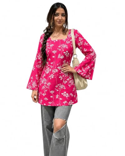 Image of SONISHA Women's Rayon Floral Print Short Kurti for Women Elegance Square Neck, Long Sleeves with Style Criss Cross Back Kurti, Top for Office Wear, Casual, Outdoor