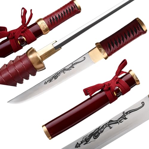Handmade Royal Japanese Chrysanthemum Blade Tanto Short Katana Samurai Real 13 Inch 1065 Spring Steel Blade Steel Full Tang Traditional System Copper Koshigatana (Red)