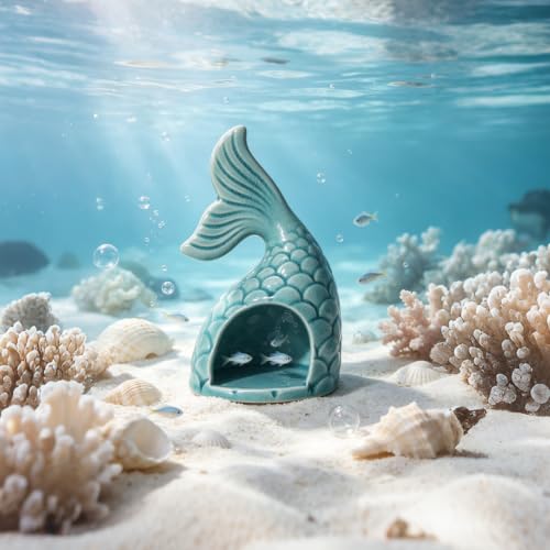 Image of Blue Aquarium Decor Ceramic Mermaid Tail Betta Fish Tank Cave