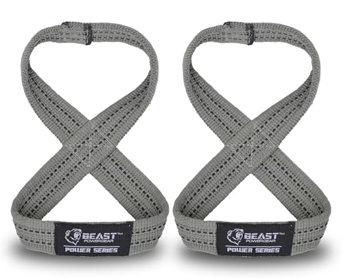 Beast Power Gear Figure 8 Lifting Strap in gray and black — showing the double-stitched central seam that anchors the two loops of the figure 8