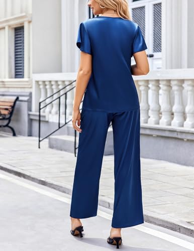 Image of Ekouaer Women's Satin Silky Pajama Set 2 Piece Short Sleeve Shirt with Long Pants Pjs Sets Soft PJ Loungewear S-XXL