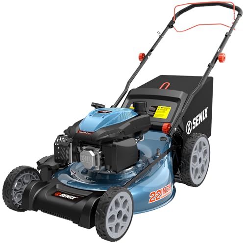 SENIX 22 Inch 3-in-1 Gas Lawn Mower, 201cc Rear Wheel Single Speed Self-Propelled Mower, 4-Cycle Engine, Steel Deck, Mulching, Bagging, Discharging, 6-Position Cutting Height Adjustable, for