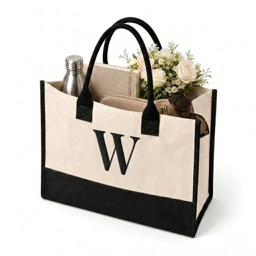 Image of Salt Earth Canvas Tote Bag for Women, Personalized Initial Monogram Tote, Beach Grocery Utility Tote for Travel & Work