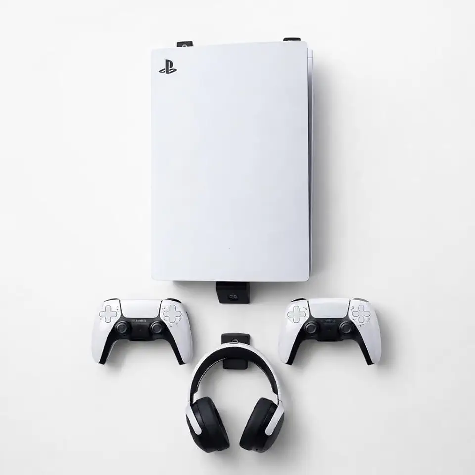 Suporte de Parede para PS5 com Porta Controle e Headset, Organização Gamer, Fixação Segura, Joystick Compatível com PS5 Padrão, Slim, Digital e Pro, Bucha e Parafuso TimeClick