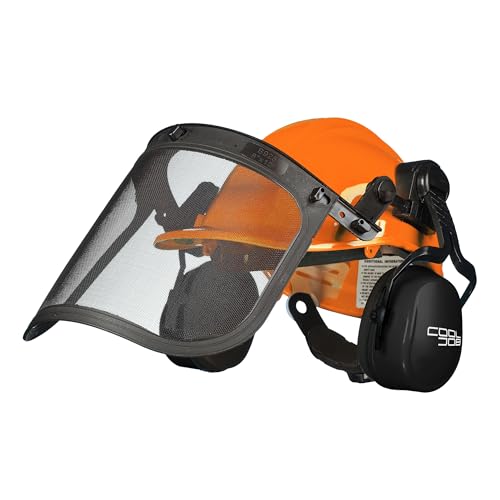 COOLJOB 3 in 1 Chainsaw Helmet with Metal Mesh Face Shield, Adjustable Ear Muffs for Hearing Protection, Orange