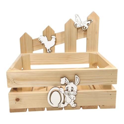 GoodFreshDecor Holzkiste Ostern Kiste Korb Osterkorb Deko Holz Osterhase Schmetterling Hahn Zaun Kiefernholz 30x20x12 cm Naturfarbe