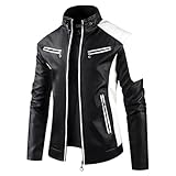 Spatofa Men's Leather Motorcycle Jacket Stand Collar PU Faux Leather Lightweight Zipper Bomber Jackets Fall Color Block Vintage Racing Coat for Men Black and White X-Large