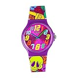 Le boîtier de la montre est de couleur violet, argenté et le bracelet a les couleurs de base multicolore, violet.