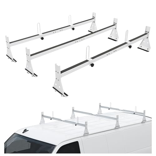ECOTRIC 59in Roof Racks Compatible with 1996-Up Chevy Express GMC Savana 1500 2500 3500 850 LBS Capacity 3 bar roof Ladder Rack for Van Steel White by ECOTRIC - Used condition - US$112.23