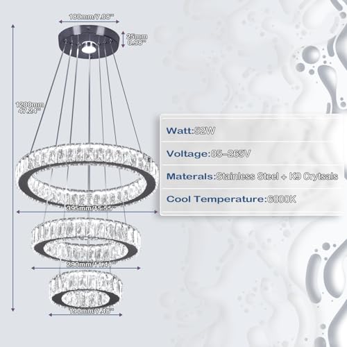 Finktonglan 3-Ring Crystal LED Chandelier, Cool White 6500K, 52W Integrated, Adjustable Height & Shapes, K9 Crystal & Stainless Steel Pendant Light for Dining Living Room Foyer, Non-Dimmable by Finktonglan - Image 2