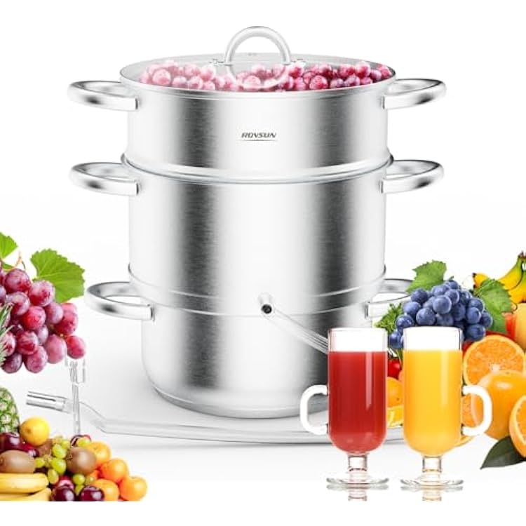 ROVSUN 5 Quart Juice Steamer Stainless Steel, Extractor Fruit Vegetables Juicer Steamer Pot, w/Tempered Glass Lid Clamp, Loop Handles, Ideal for Making Juice, Jelly, Pasta