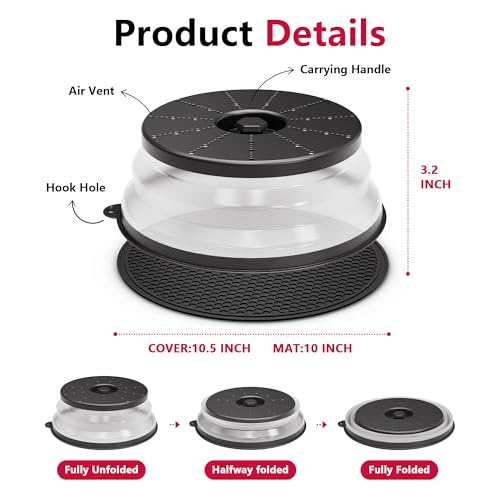 Image of WVM-ML-3-1 Microwave Splatter Cover & Mat, Vented Collapsible Splatter Guard dish Plate lid & Silicone Round Kitchen Mat for Food, Meal Prep