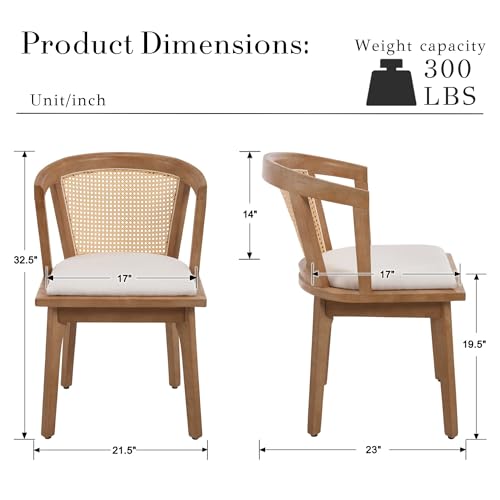 Image of BESTANO Rattan Dining Chairs Set of 6, Mid Century Modern Farmhouse Wood Dining Room Chairs, Upholstered Comfortable Kitchen Dining Side Chair with Cane Woven Back, Beige Linen