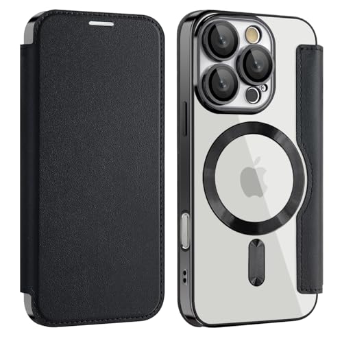 Unichthy Flip Case for iPhone 16 Pro Max Clear Cover Support MagSafe |RFID Blocking| Wallet Purse Shockproof Leather Individual Protection for Each Lens Phone Skin for iPhone 16 Pro Max Black
