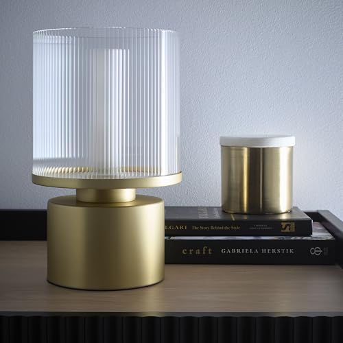 K LIVING Ribbed Glass Satin Gold Table Lamp or Satin Nickel Table Lamp with Ribbed Glass Shade with a Ceramic Bulb Cover (Gold)