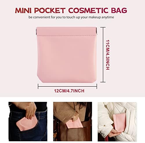 4PCS Small Makeup Bag, Lambskin Pocket Cosmetic Bag, Sqezze Top Cosmetic Bag, Waterproof Mini Travel Makeup Bag for Women - Gray + Pink + Purple + Caramel