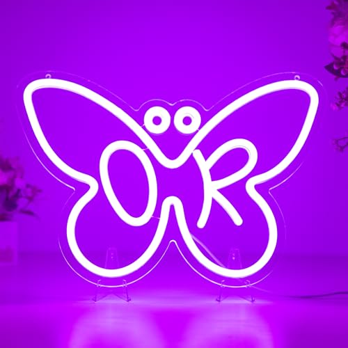 Butterfly OR Purple Neon Sign, Decoration Dimmable Light for Fans, Bedroom, Kids Room, Living Room, Birthday Party Decoration, Neon Sign Gift, Name Decor for Girl, Size 14 * 9.5 inches