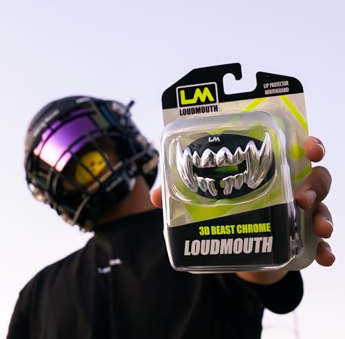 Loudmouth Football Mouth Guard - 3D Chrome Beast Football Mouthpiece, Fits Adult & Youth Ages 5+, Accessories Mouth Guard (3D Beast - Chrome Black/Silver)