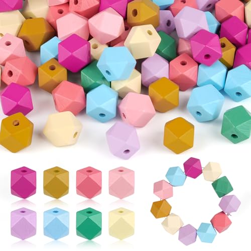 Holzperlen Bunt, 80stk Geometrische Holzperlen Pastell mit 4 mm Loch, 8 Farben Bastelnperlen, 15 mm Holzkugeln Gro&szlig; zum Auff&auml;deln, DIY-Handwerk und Schmuckherstellung