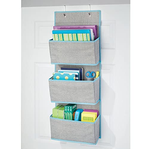 Mdesign Fabric Hanging Organizer For Over Door Storage In Bedroom/Hallway Closets, 3 Pocket Organizer Caddy, Hooks For Linens, Clothing, Accessories, Textured Print, Lido Collection, Gray/Teal Blue #TOP6