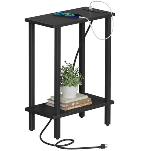 TUTOTAK Small End Table with Charging Station, Narrow Side Table with USB Ports and Outlets, Skinny Sofa Table, Slim Nightstand, Living Room, Bed Room, Black TB01BK060