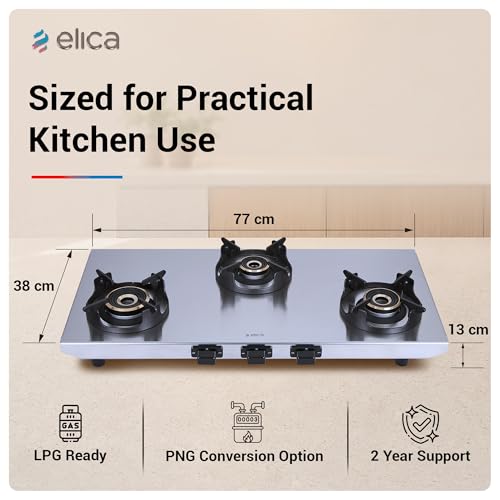 Image of Elica 3 Burner 2mm Stainless Steel Gas Stove | INOX HD 3B 77 | 77cm Wide Layout, Forged Brass Burners - 1 Jumbo 1 Medium 2 Small Burners, Crown Shape Pan Support, 2 Yr Warranty