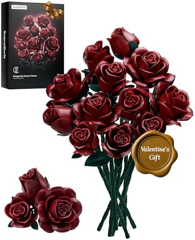iATOM Burgundy Red Rose Bouquet Building Set, 12Pcs Flower Botani...