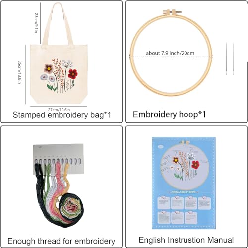 Image of Huacan Embroidery Canvas Bag Kits for Adults Beginner Stamped Flowers Pattern DIY Cross Stitch Printed Flower Stitching Sewing Kit
