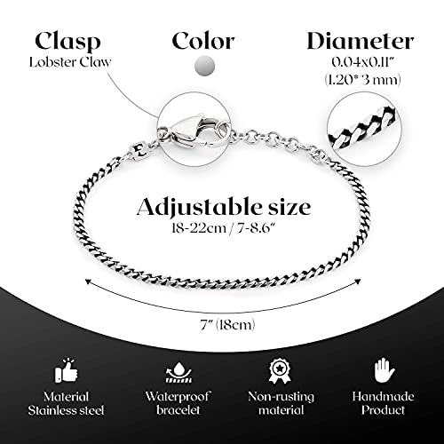 Mens Bracelet - Cuff Chain Bracelet Made Of Silver Plated Stainless Steel - 3Mm Thickness Bracelet For Men - Fits 7"-8" Wrist Size #TOP2