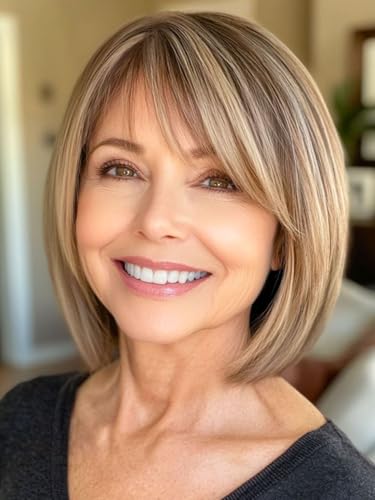Webshaiy Pelucas Mujer Pelo Natural Peluca Bob Capas Sin Pegamento con Flequillo, Peluca Sintética Corta y Recta Para Mujer Mejorada con Fibra Similar Cabello Humano Mechas Rubia Ombré