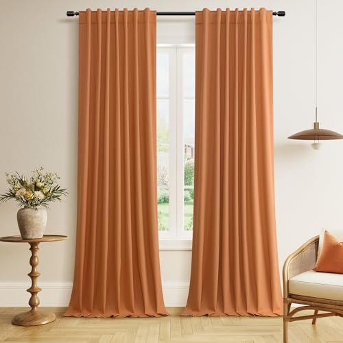 Guken Extra Long 100% Blackout Linen Curtains 102 Inches for Bedroom Orange