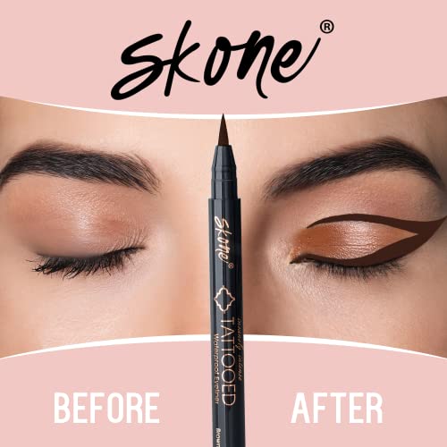 Skone Cosmetics Insanely Intense Tattooed Eyeliner Pen - Waterproof Liquid Eyeliner, Long Lasting, Sweat Proof, Smudge Proof Felt Tip Liquid Eyeliner - Pigmented Eye Liner Makeup - Brown (0.07Oz) #TOP6