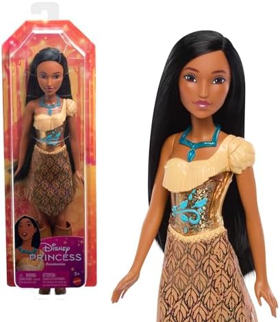 Mattel Disney Prinzessin Pocahontas Puppe im klassischen Look | Glitzerndes Outfit mit abnehmbarem Rock, Halskette und Schuhen, beweglich und sammelbar, inspiriert vom Disney-Film,