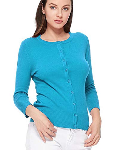 Image of Women's 3 /4 Sleeve Crew Neck Button Down Stretch Knit Cardigan Sweater (S-3XL)