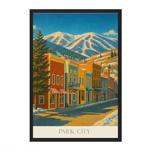 Park City Ski Town Canvas Wall Art, Black Frame 12x16
