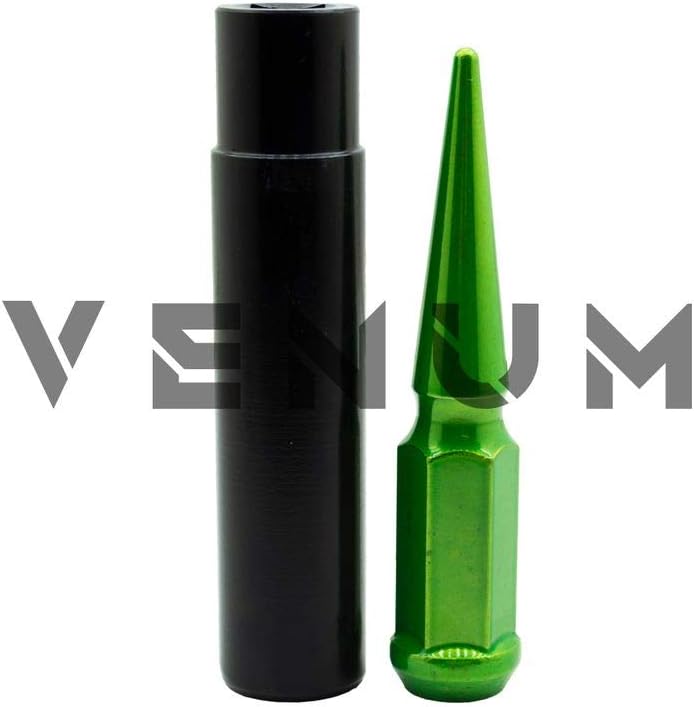Venum wheel accessories 32 Pc Powder Coated Candy Lime Green Spike Lug Nuts | 14x2.0 | 4.5 inch Tall | 1 Piece Construction Compatible with Ford 1999-2002 F250 F350 8x170 Aftermarket Wheels