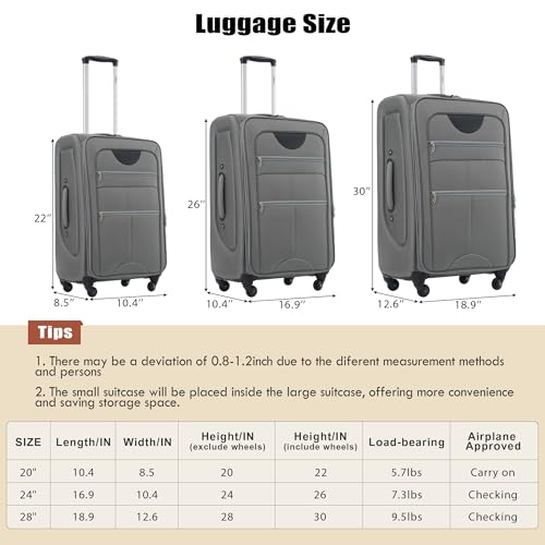 Merax Suitcase Set Softside 3-Piece Expandable Luggage with TSA Lock Spinner Wheels Lightweight Upright Luggage with Travel Bag(22/26/30 IN,Grey)2