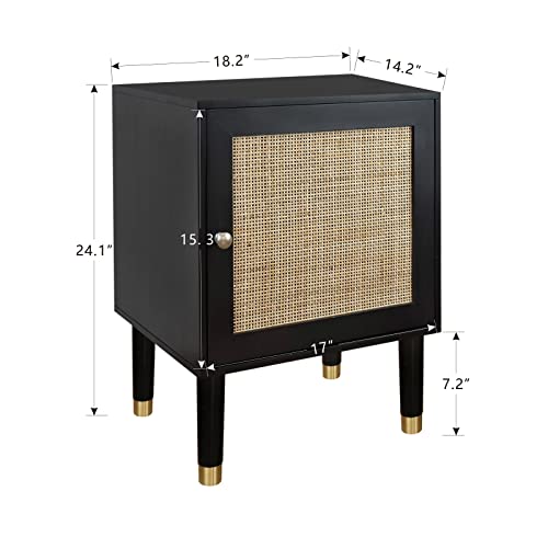 Oxendon Black Nightstand With Natural Rattan Door, Side Table End Table Bedside Table Mid Century Modern Night Stand Accent Table For Bedroom Living Room And Small Spaces #TOP1