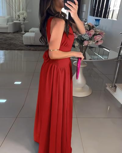 Image of CHICME Women's Sleeveless Halter Neck Dress Criss Cross Tie Back Split High Maxi Dress