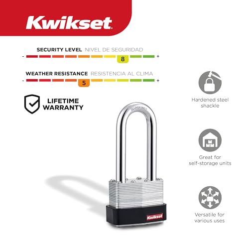 Kwikset Laminated Steel Padlock with Hardened Steel Shackle, Outdoor Gate and Fence Lock, 2 in Body, 2-1/2 in Shackle, 2 Pack Keyed Alike, Silver by Kwikset - Used condition - Image 2