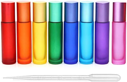 mollensiuer 8Pcs 10ml(1/3oz) High-grade Colorful Frosted Roll on Bottles Thick Glass Massage Roller Bottles Tube Vials Containers for Essential Oils, Aromatherapy, Perfumes and Lip Balms+ 1pc 3ml Dropper