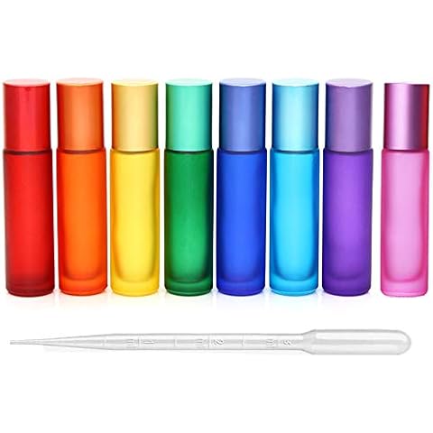 8Pcs 10ml(1/3oz) High-grade Colorful Frosted Roll on Bottles Thick Glass Massage Roller Bottles Tube Vials Containers for Essential Oils, Aromatherapy, Perfumes and Lip Balms+ 1pc 3ml Dropper Cover