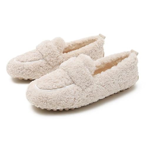 Women's Warm Faux Fur Slippers, Cozy Indoor/Outdoor Slip On Loafers, Plush Curled Edge House Slippers (White, 8.5)